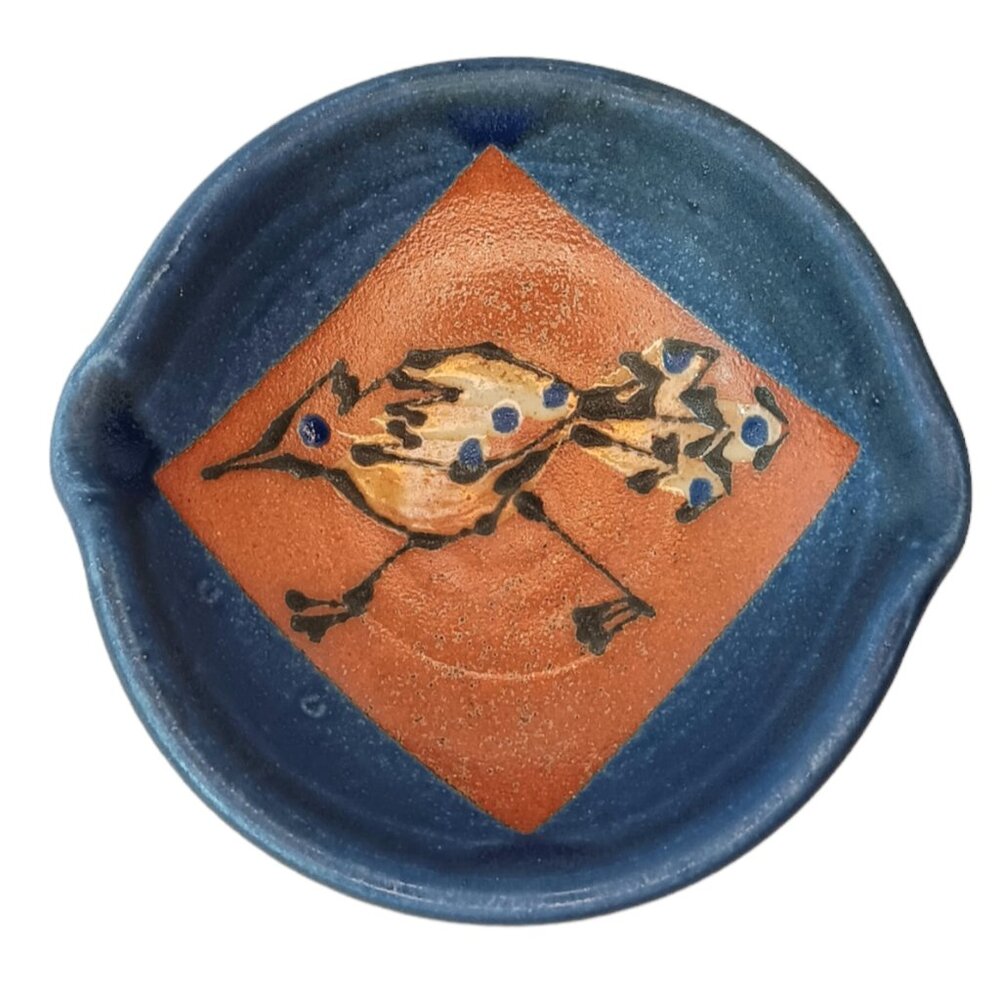 Front Ave Pottery Bird Blue Orange Trinket Dish Catchall Small Bowl 5 X 5